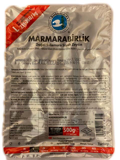 Marmarabirlik Natural Black Olives - Dogal Siyah Zeytin (L) 500 gram